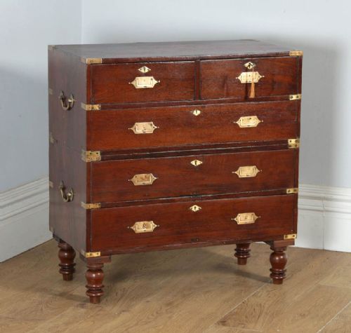 fig 1. Small Antique Victorian Colonial Anglo Indian Teak & Brass Military Campaign Chest of Drawers (Circa 1840)