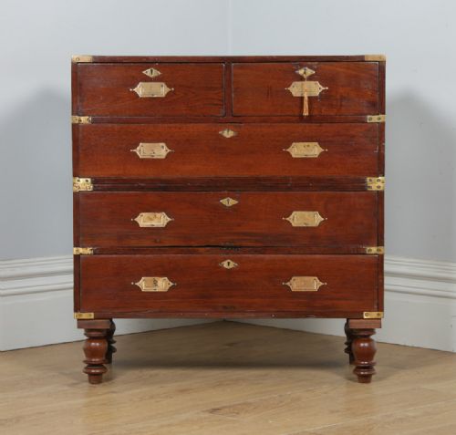 fig 2. Small Antique Victorian Colonial Anglo Indian Teak & Brass Military Campaign Chest of Drawers (Circa 1840)
