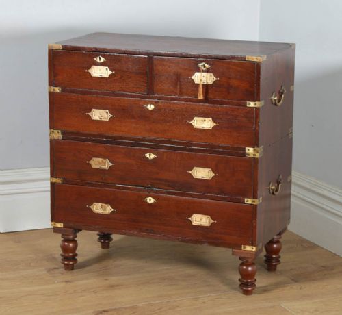 fig 3. Small Antique Victorian Colonial Anglo Indian Teak & Brass Military Campaign Chest of Drawers (Circa 1840)