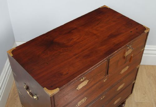 fig 4. Small Antique Victorian Colonial Anglo Indian Teak & Brass Military Campaign Chest of Drawers (Circa 1840)