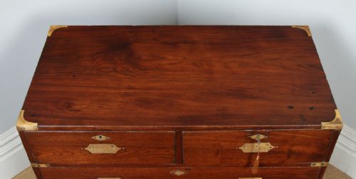 fig 6. Small Antique Victorian Colonial Anglo Indian Teak & Brass Military Campaign Chest of Drawers (Circa 1840)