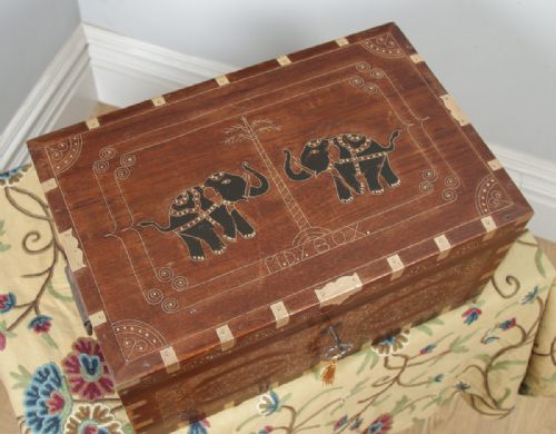 fig 1. Antique Victorian Burmese Teak & Brass Chiming Colonial Campaign Mandalay Writing Jewellery Sewing Box (Circa 1880)