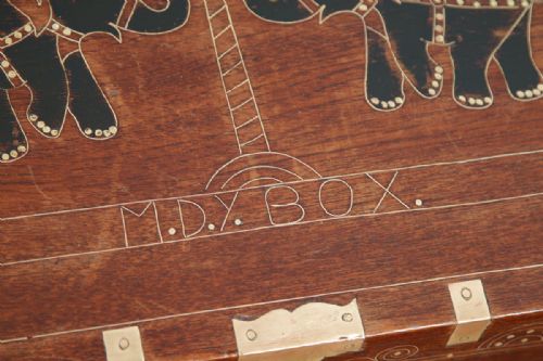 fig 4. Antique Victorian Burmese Teak & Brass Chiming Colonial Campaign Mandalay Writing Jewellery Sewing Box (Circa 1880)