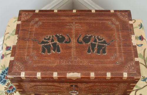 fig 5. Antique Victorian Burmese Teak & Brass Chiming Colonial Campaign Mandalay Writing Jewellery Sewing Box (Circa 1880)