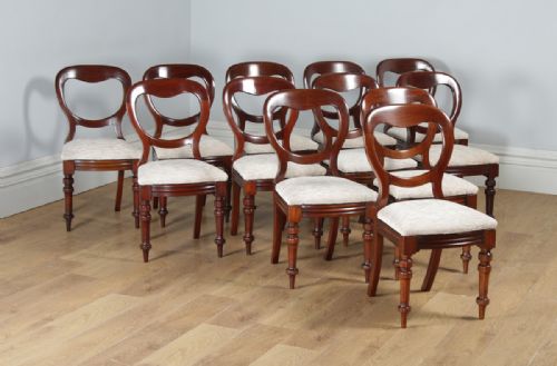 Antique English Victorian Set of 12 Twelve Mahogany Balloon Back Dining Chairs (Circa 1860)