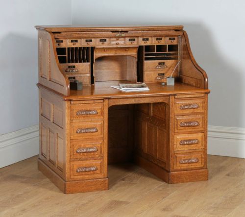 Antique English Edwardian 4ft 2” Oak Roll Top Pedestal Office Writing Desk (Circa 1910)