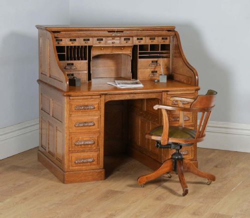 fig 1. Antique English Edwardian 4ft 2” Oak Roll Top Pedestal Office Writing Desk (Circa 1910)