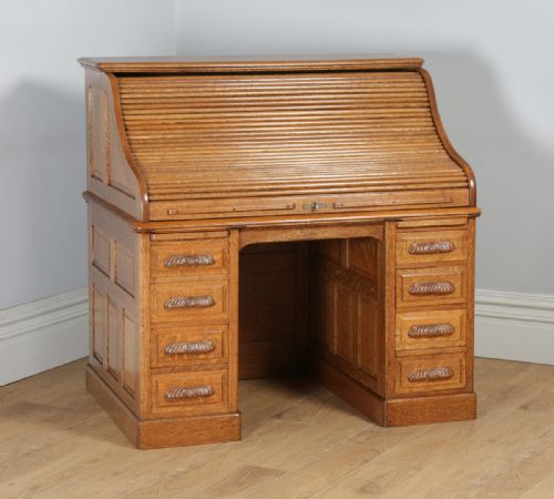 fig 2. Antique English Edwardian 4ft 2” Oak Roll Top Pedestal Office Writing Desk (Circa 1910)