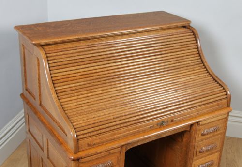 fig 3. Antique English Edwardian 4ft 2” Oak Roll Top Pedestal Office Writing Desk (Circa 1910)