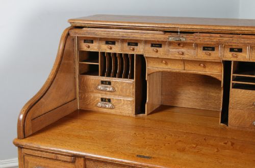 fig 6. Antique English Edwardian 4ft 2” Oak Roll Top Pedestal Office Writing Desk (Circa 1910)