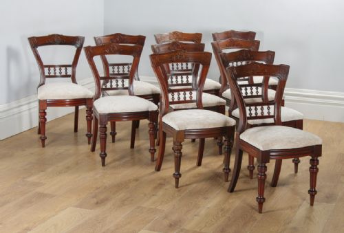 Antique English Victorian Set of 10 Ten Mahogany Upholstered Dining Chairs by J.b. (Circa 1890)