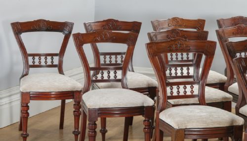fig 1. Antique English Victorian Set of 10 Ten Mahogany Upholstered Dining Chairs by J.B. (Circa 1890)