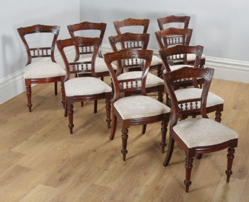 fig 5. Antique English Victorian Set of 10 Ten Mahogany Upholstered Dining Chairs by J.B. (Circa 1890)