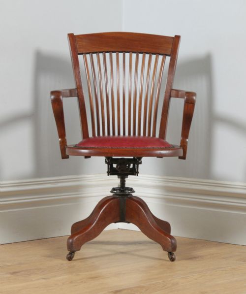 fig 1. Antique English Edwardian Mahogany & Red Leather Revolving Office Desk Arm Chair by J. W. Cooke & Co. (Circa 1910)