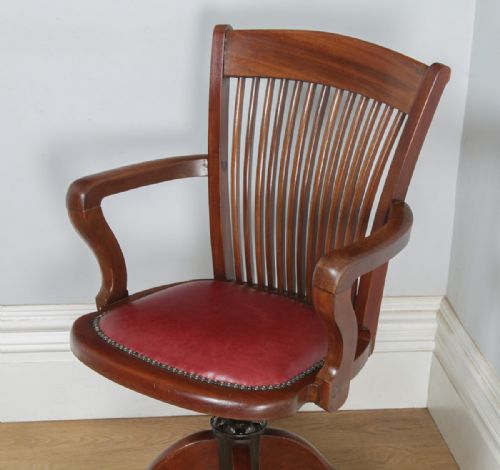 fig 2. Antique English Edwardian Mahogany & Red Leather Revolving Office Desk Arm Chair by J. W. Cooke & Co. (Circa 1910)