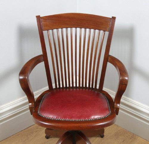 fig 3. Antique English Edwardian Mahogany & Red Leather Revolving Office Desk Arm Chair by J. W. Cooke & Co. (Circa 1910)