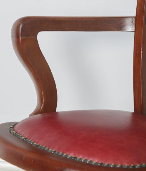 fig 6. Antique English Edwardian Mahogany & Red Leather Revolving Office Desk Arm Chair by J. W. Cooke & Co. (Circa 1910)