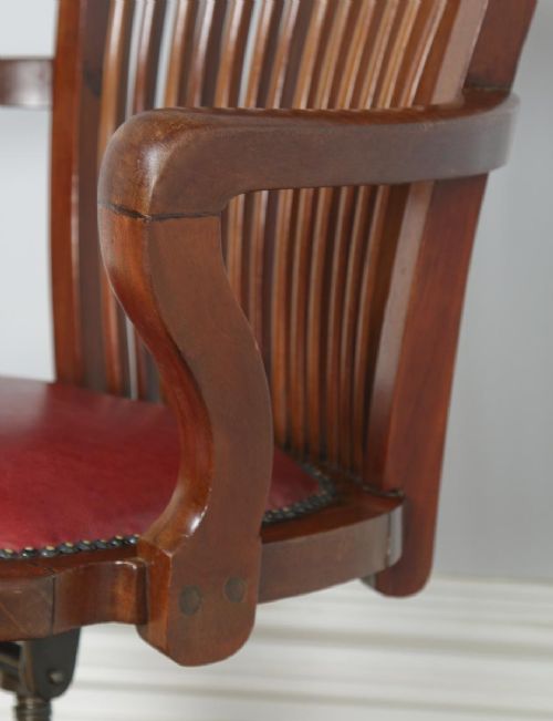 fig 7. Antique English Edwardian Mahogany & Red Leather Revolving Office Desk Arm Chair by J. W. Cooke & Co. (Circa 1910)