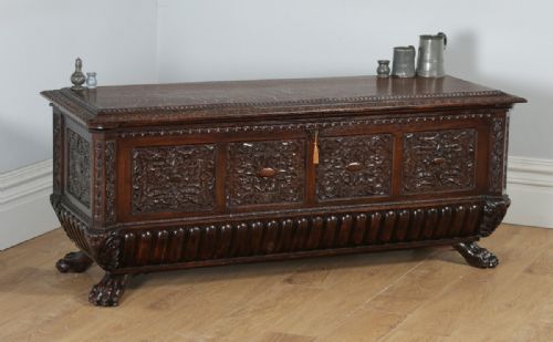 Antique Italian Renaissance Carved Oak Carved Marriage Cassone Chest Coffer Trunk (Circa 1820)
