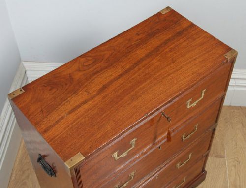 fig 3. Small Antique English Victorian Teak & Brass Military Campaign Chest of Drawers (Circa 1830)