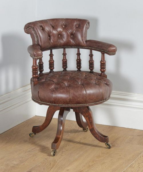 Antique English Victorian Walnut & Brown Leather Revolving Office Desk Arm Chair (Circa 1880)