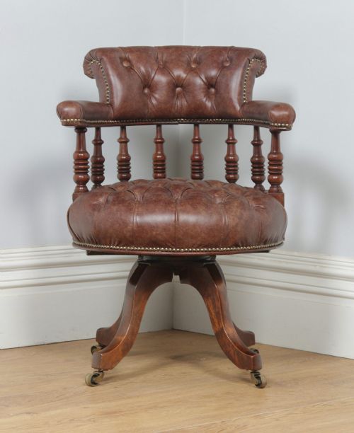 fig 1. Antique English Victorian Walnut & Brown Leather Revolving Office Desk Arm Chair (Circa 1880)