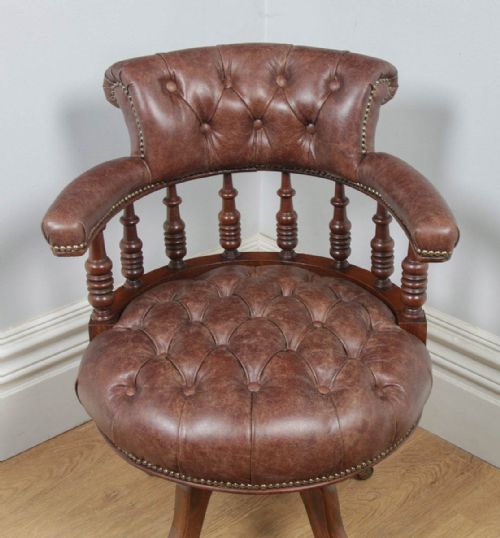 fig 2. Antique English Victorian Walnut & Brown Leather Revolving Office Desk Arm Chair (Circa 1880)