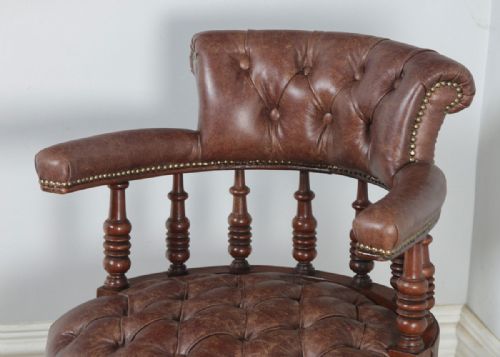 fig 3. Antique English Victorian Walnut & Brown Leather Revolving Office Desk Arm Chair (Circa 1880)