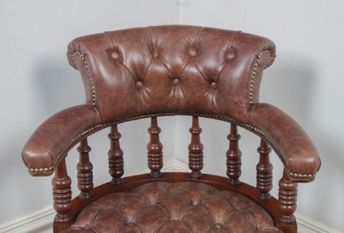 fig 4. Antique English Victorian Walnut & Brown Leather Revolving Office Desk Arm Chair (Circa 1880)