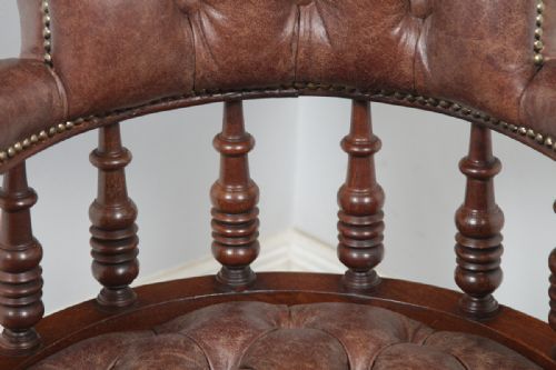 fig 5. Antique English Victorian Walnut & Brown Leather Revolving Office Desk Arm Chair (Circa 1880)