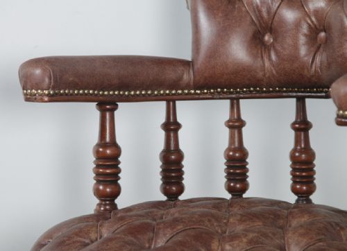 fig 6. Antique English Victorian Walnut & Brown Leather Revolving Office Desk Arm Chair (Circa 1880)