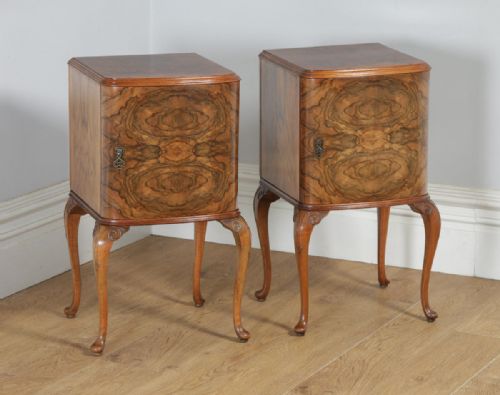 fig 1. Antique English Pair of Queen Anne Style Burr Walnut Bow Front Bedside Cabinet Nightstands (Circa 1920)