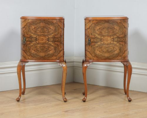 fig 2. Antique English Pair of Queen Anne Style Burr Walnut Bow Front Bedside Cabinet Nightstands (Circa 1920)