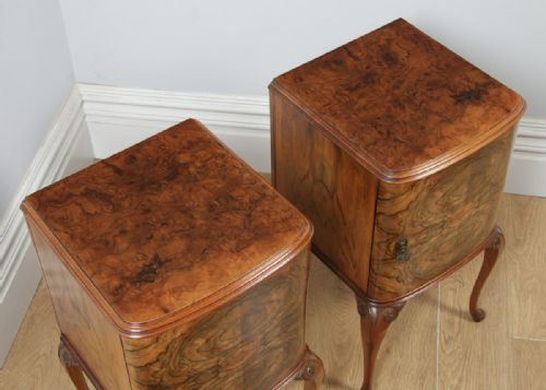 fig 3. Antique English Pair of Queen Anne Style Burr Walnut Bow Front Bedside Cabinet Nightstands (Circa 1920)
