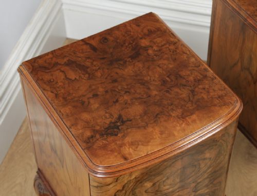fig 4. Antique English Pair of Queen Anne Style Burr Walnut Bow Front Bedside Cabinet Nightstands (Circa 1920)