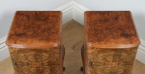 fig 6. Antique English Pair of Queen Anne Style Burr Walnut Bow Front Bedside Cabinet Nightstands (Circa 1920)