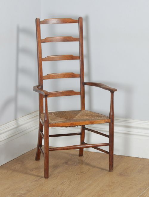 Antique English George V Arts & Crafts Oak & Single Ladder Back Rush Seat Kitchen / Dining / Hall Arm Chair (Circa 1920)
