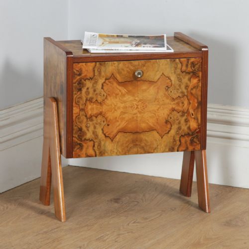 Antique English Art Deco Burr Walnut Bedside Cabinet Table (Circa 1930)