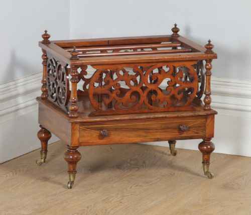 Antique English Victorian Rosewood Canterbury Fretwork & Inlaid Magazine Rack Tidy (Circa 1860)
