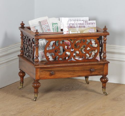 fig 1. Antique English Victorian Rosewood Canterbury Fretwork & Inlaid Magazine Rack Tidy (Circa 1860)