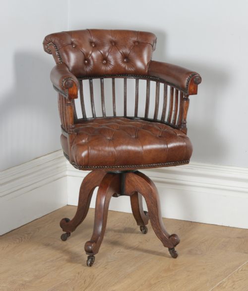 Antique English Victorian Oak & Tan Brown Leather Revolving Office Desk Arm Chair (Circa 1880)