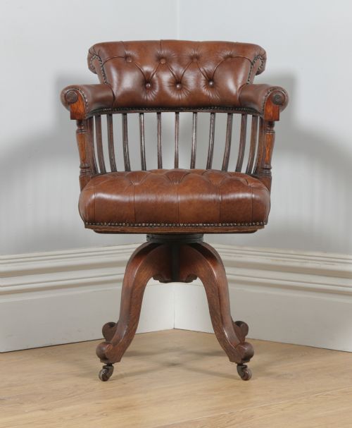 fig 1. Antique English Victorian Oak & Tan Brown Leather Revolving Office Desk Arm Chair (Circa 1880)