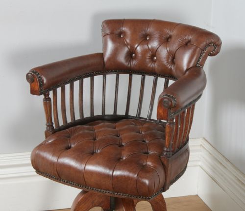 fig 2. Antique English Victorian Oak & Tan Brown Leather Revolving Office Desk Arm Chair (Circa 1880)