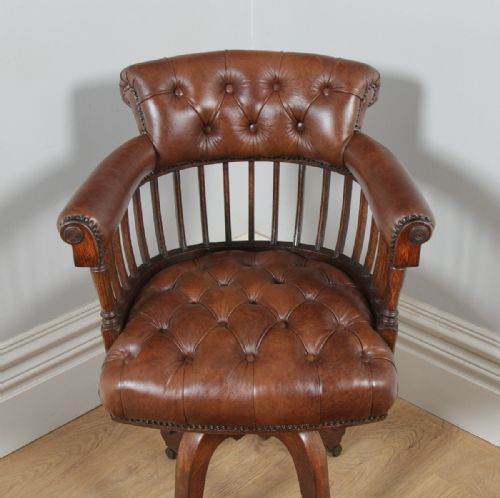 fig 3. Antique English Victorian Oak & Tan Brown Leather Revolving Office Desk Arm Chair (Circa 1880)