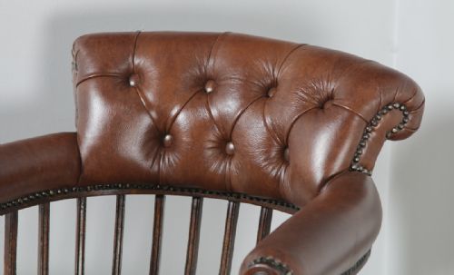 fig 4. Antique English Victorian Oak & Tan Brown Leather Revolving Office Desk Arm Chair (Circa 1880)