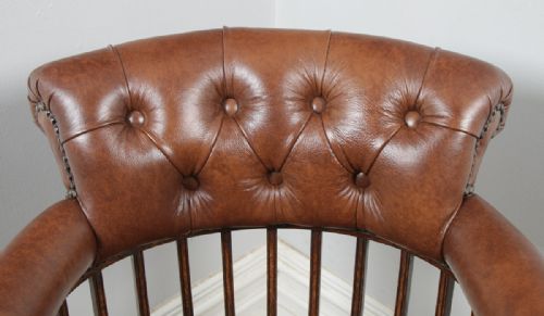 fig 5. Antique English Victorian Oak & Tan Brown Leather Revolving Office Desk Arm Chair (Circa 1880)