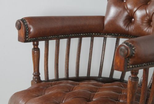 fig 6. Antique English Victorian Oak & Tan Brown Leather Revolving Office Desk Arm Chair (Circa 1880)