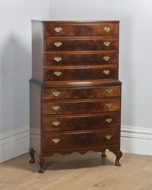 Antique English Queen Anne Style Burr Walnut Tallboy / Chest on Chest of Drawers (Circa 1925)