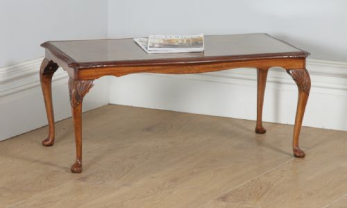 Antique English Queen Anne Style Carved Burr Walnut & Glass Rectangular Coffee Table (Circa 1920)