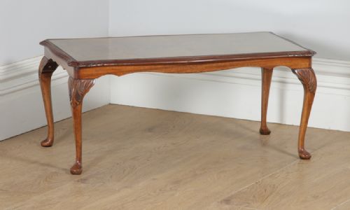fig 1. Antique English Queen Anne Style Carved Burr Walnut & Glass Rectangular Coffee Table (Circa 1920)